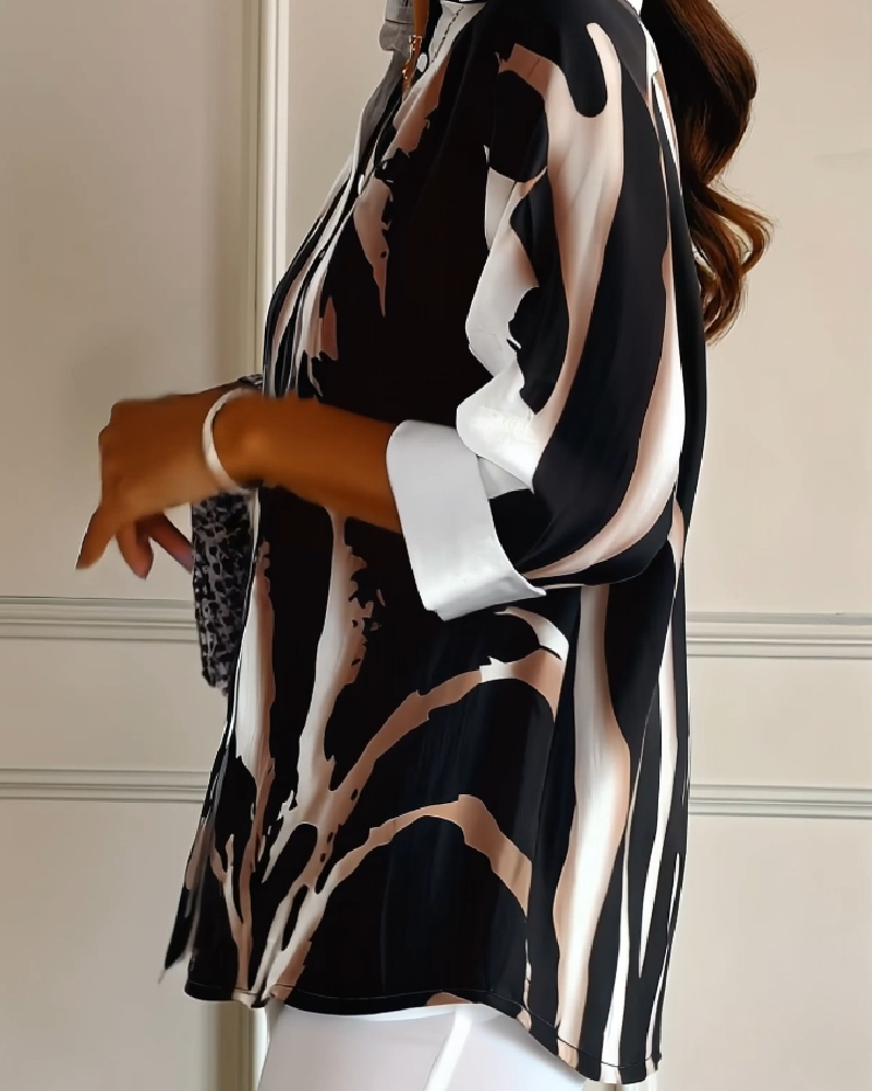 Telyra - Blouse Col Montant Imprimé Irrégulier