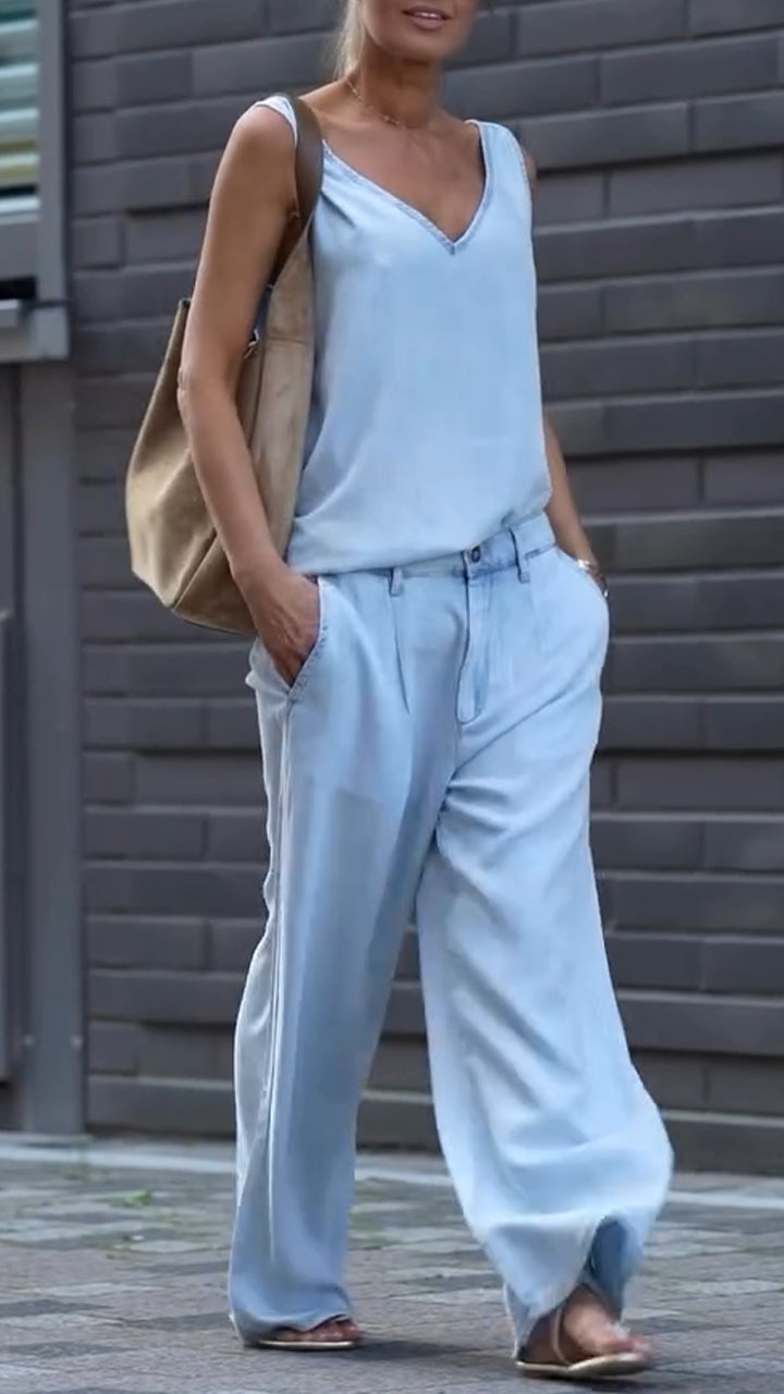 Maravelle - Ensemble féminin décontracté décolleté en V sans manches en denim Tencel