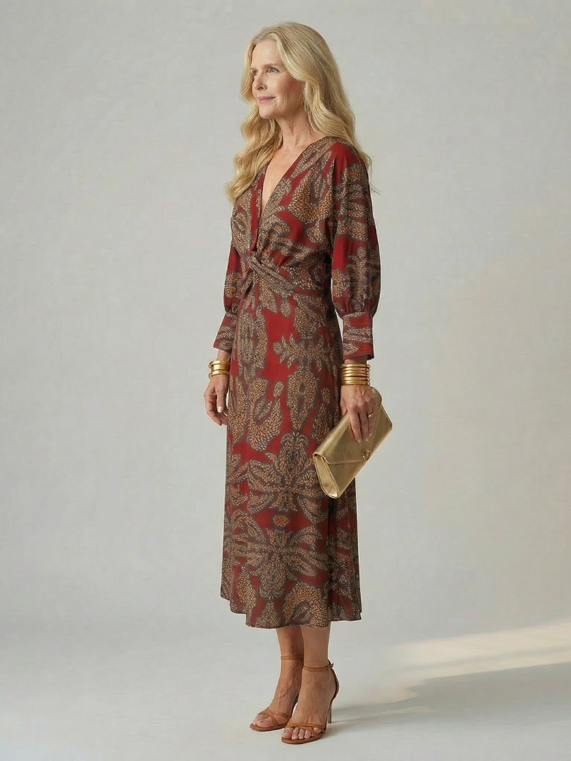 Falune - Robe femme midi croisée imprimée taille cintrée élégante