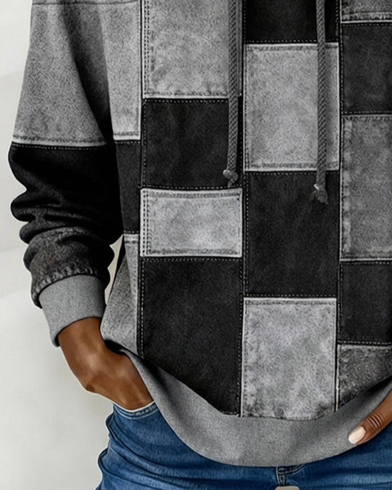Gwenarissa - Sweat à Capuche Patchwork Denim Moderne