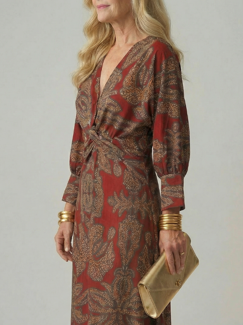 Falune - Robe femme midi croisée imprimée taille cintrée élégante