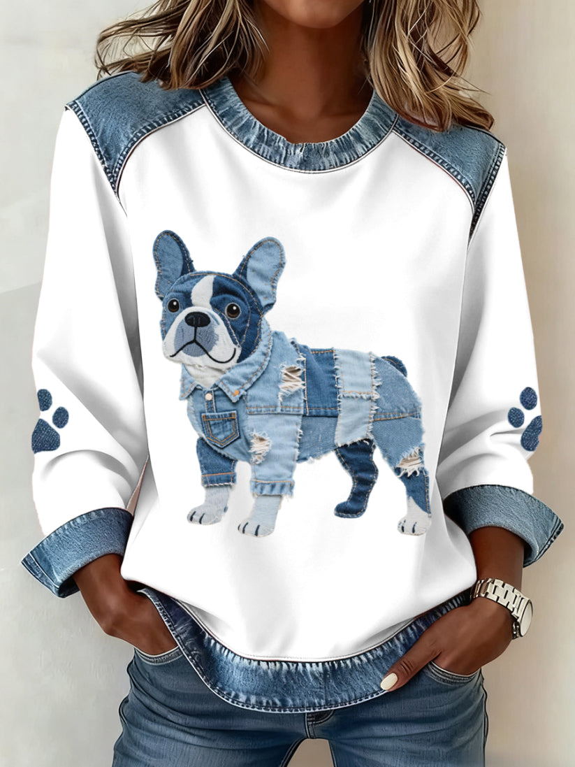 Karianesse - Sweat Patchwork en Jean avec Motif Teckel