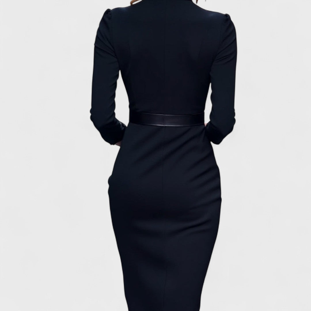 Irielle - Robe Noire Élégante avec Ceinture et Col Mao