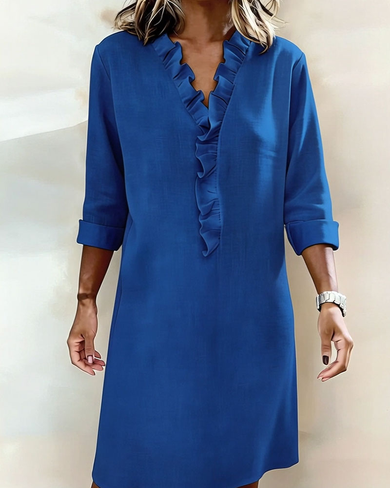 Ophivyn - Robe femme col V à volants coupe droite style décontracté