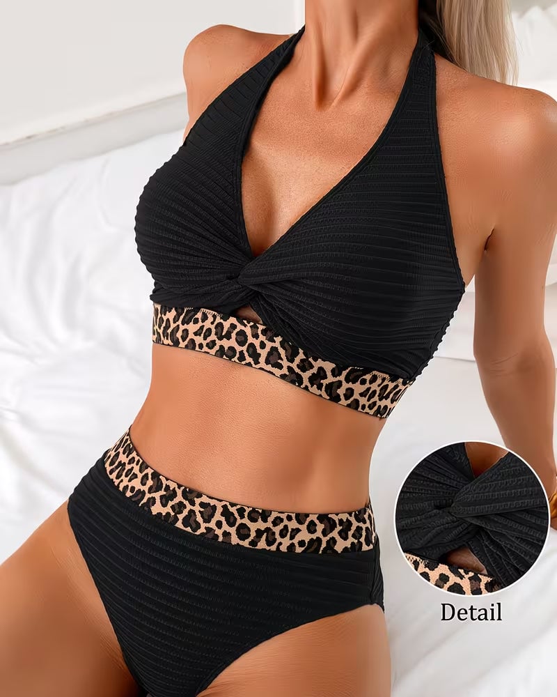 Cavirae - Bikini Femme Taille Haute Léopard Bande Contrastée Coupe Flatteuse