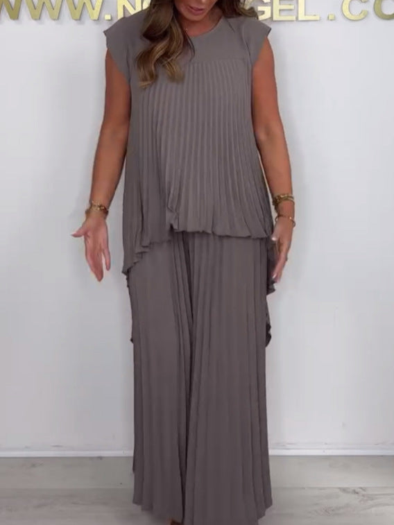 Nelia - Ensemble Décontracté avec Top Midi à Manches Courtes et Pantalon à Taille Élastique
