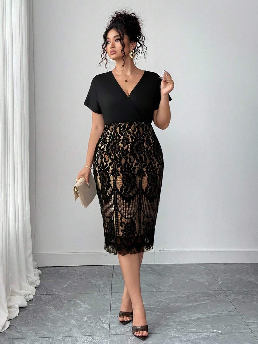 Ovelia - Robe Soirée Dentelle Taille Haute Col V Manches Courtes