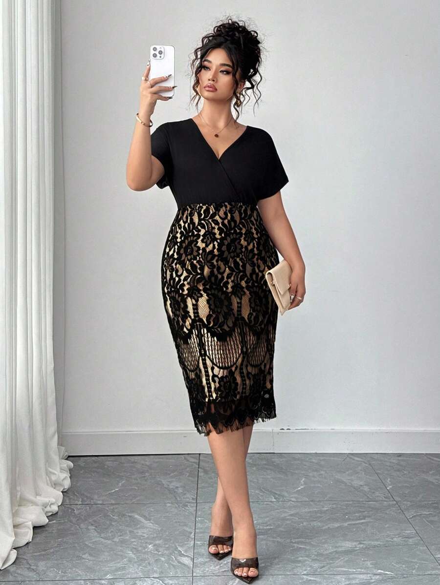 Ovelia - Robe Soirée Dentelle Taille Haute Col V Manches Courtes