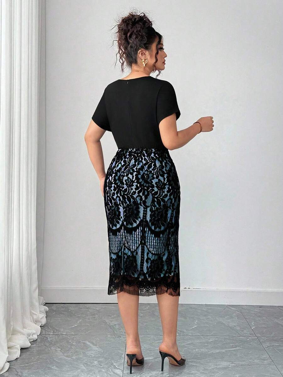 Ovelia - Robe Soirée Dentelle Taille Haute Col V Manches Courtes