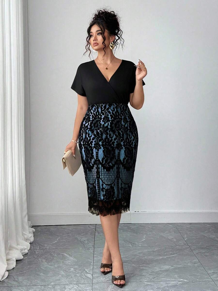 Ovelia - Robe Soirée Dentelle Taille Haute Col V Manches Courtes