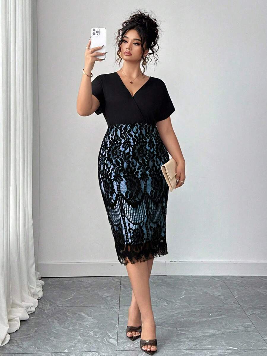 Ovelia - Robe Soirée Dentelle Taille Haute Col V Manches Courtes