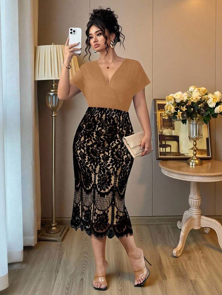 Ovelia - Robe Soirée Dentelle Taille Haute Col V Manches Courtes