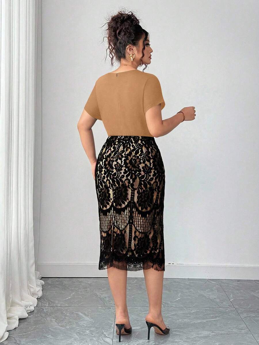 Ovelia - Robe Soirée Dentelle Taille Haute Col V Manches Courtes