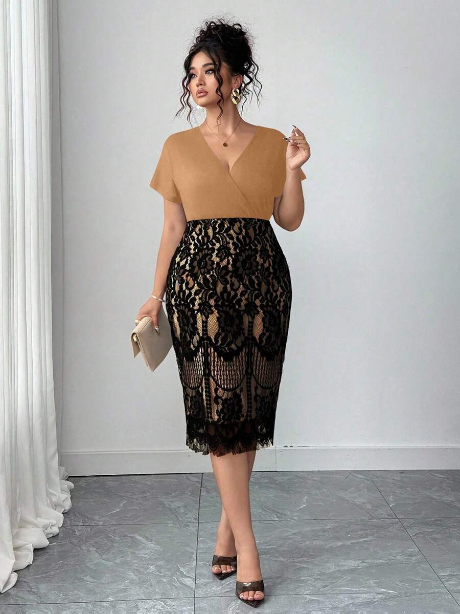 Ovelia - Robe Soirée Dentelle Taille Haute Col V Manches Courtes