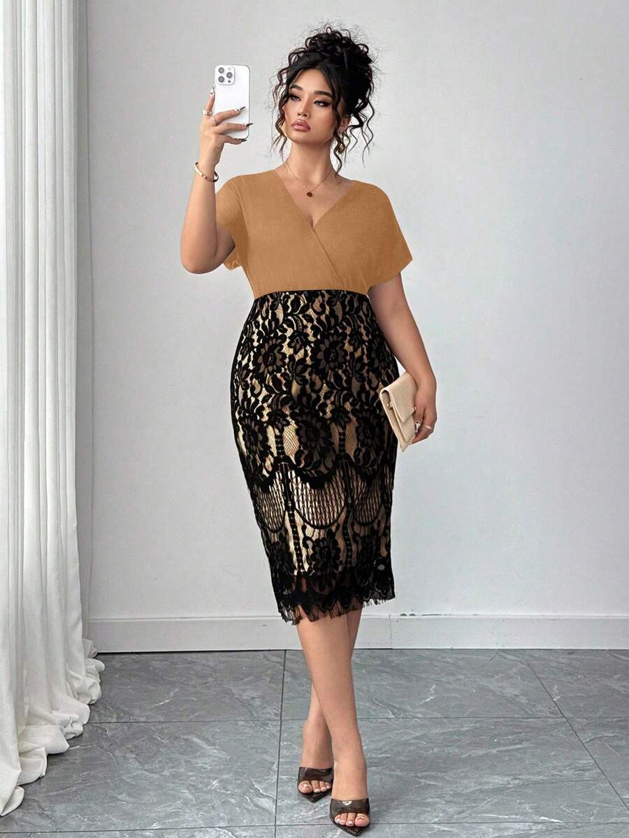 Ovelia - Robe Soirée Dentelle Taille Haute Col V Manches Courtes