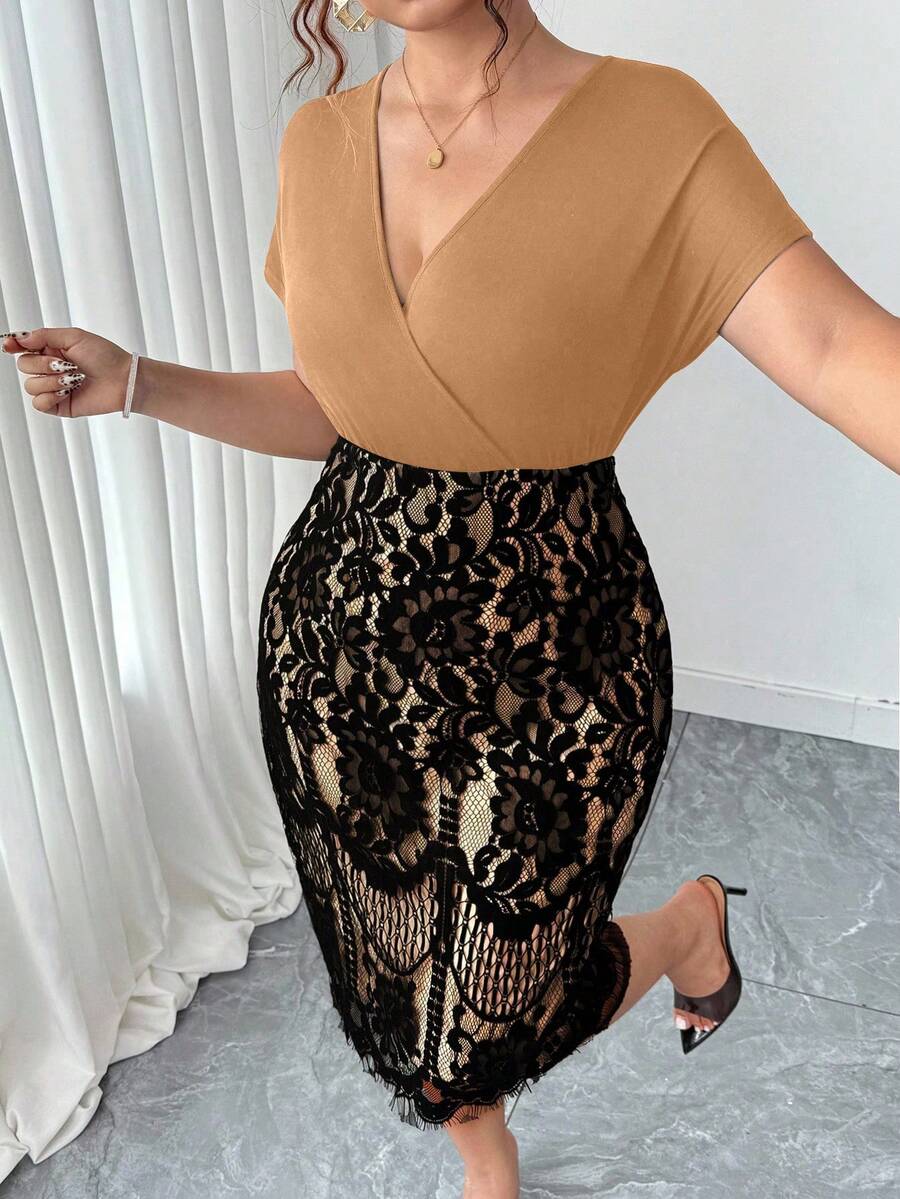 Ovelia - Robe Soirée Dentelle Taille Haute Col V Manches Courtes