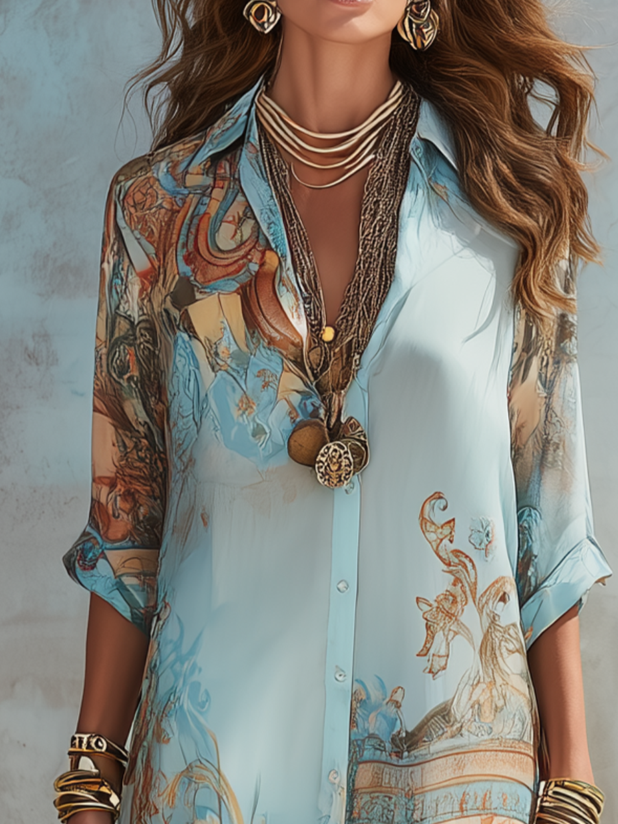 Ravelyne - Robe chemise longue femme à imprimé artistique fluide