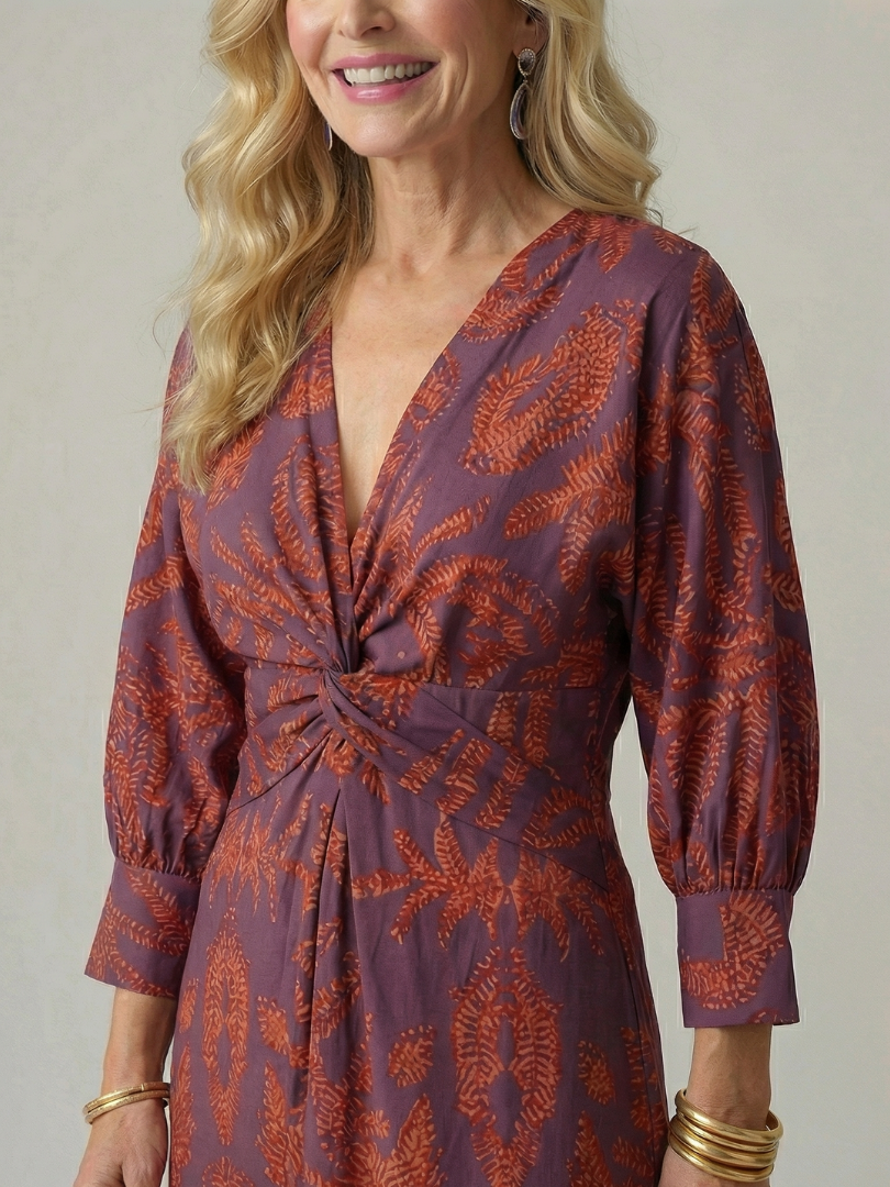 Falune - Robe femme midi croisée imprimée taille cintrée élégante
