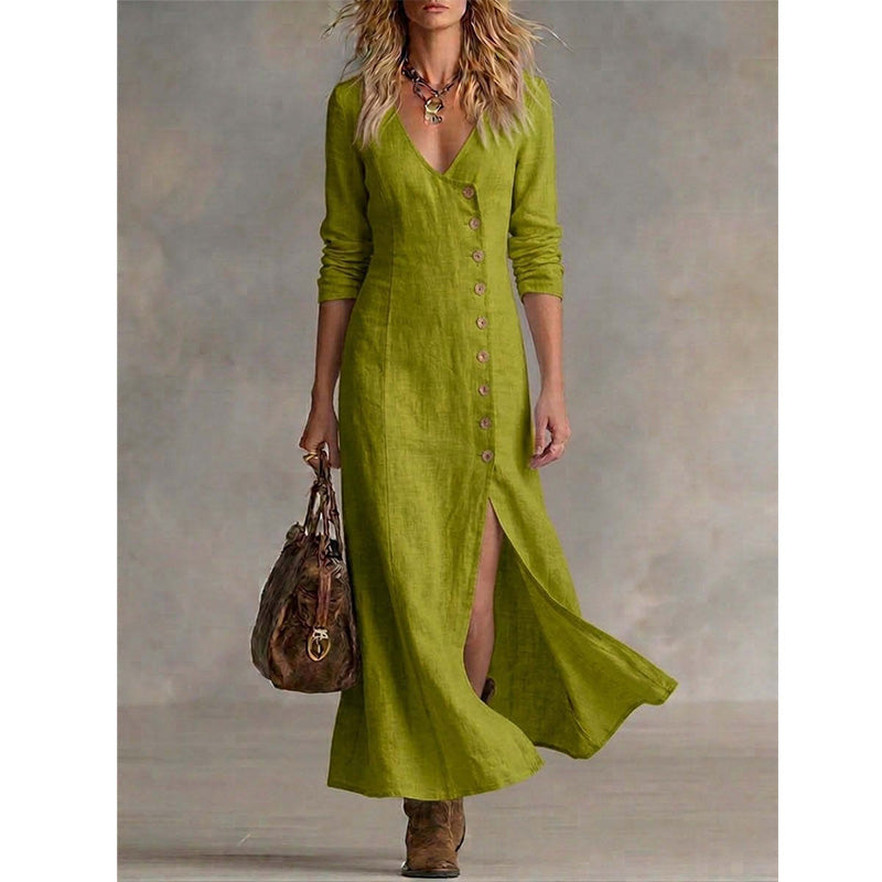 Quinalisse - Robe chemise vintage élégante à manches longues midi