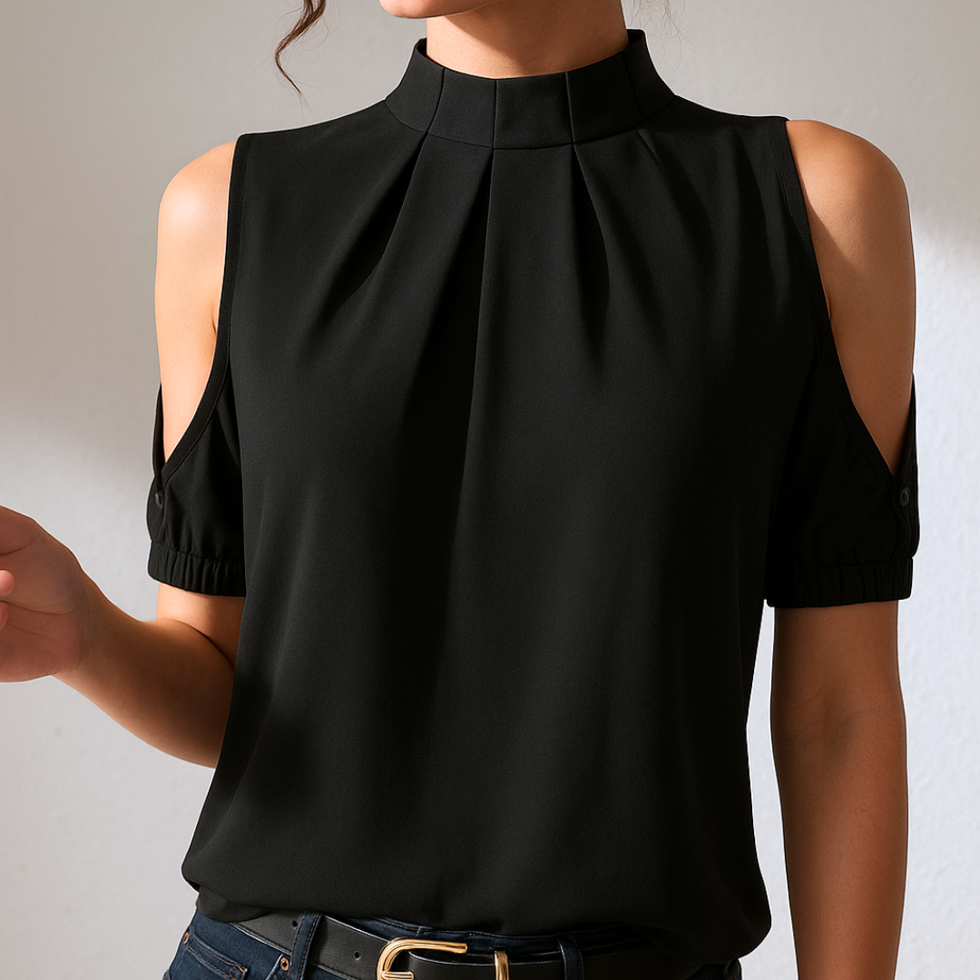 Evelia - Blouse plissée noire avec manches fendues