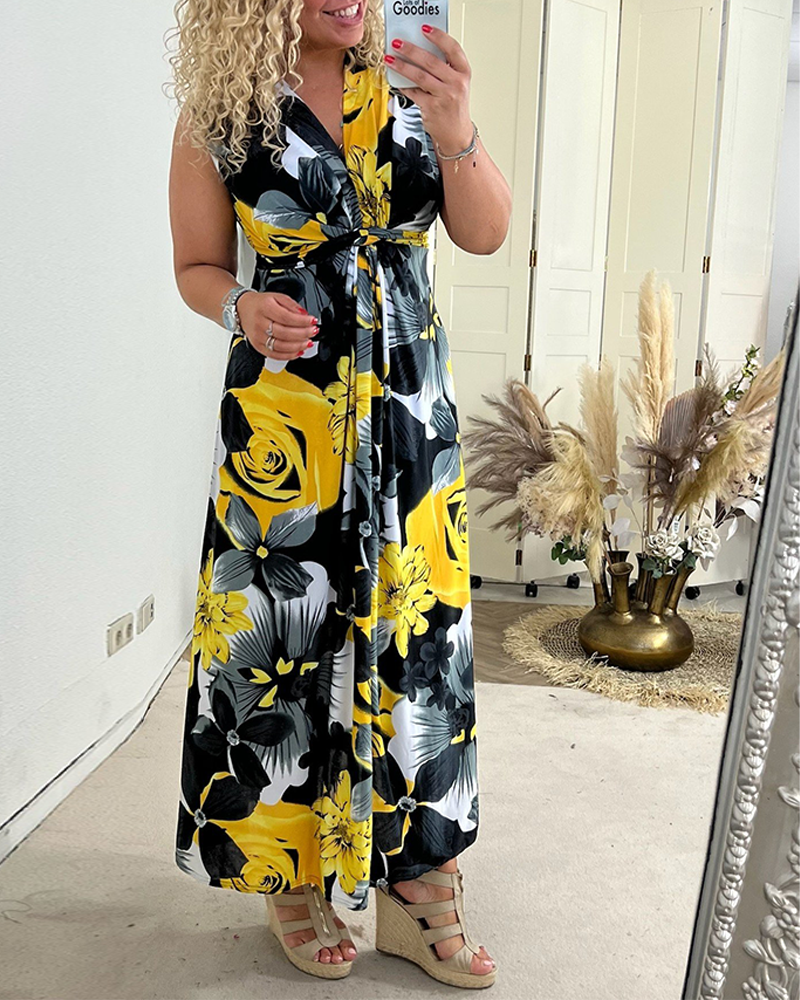 Sacha - Robe élégante sans manches à imprimé floral plissé