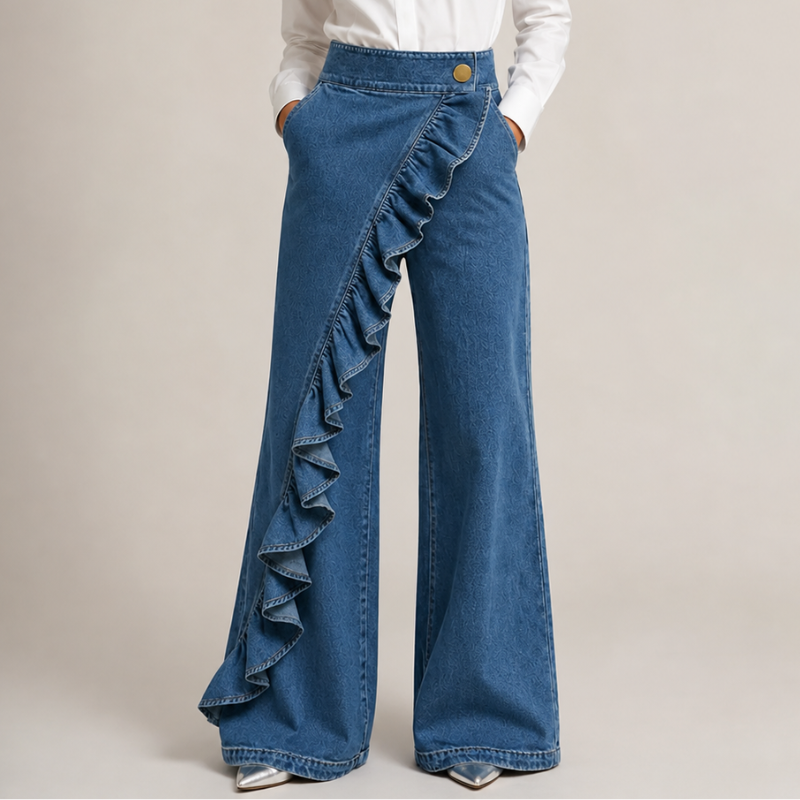 Izzavelle - Pantalon femme large en denim à volants style jupe-pantalon élégant