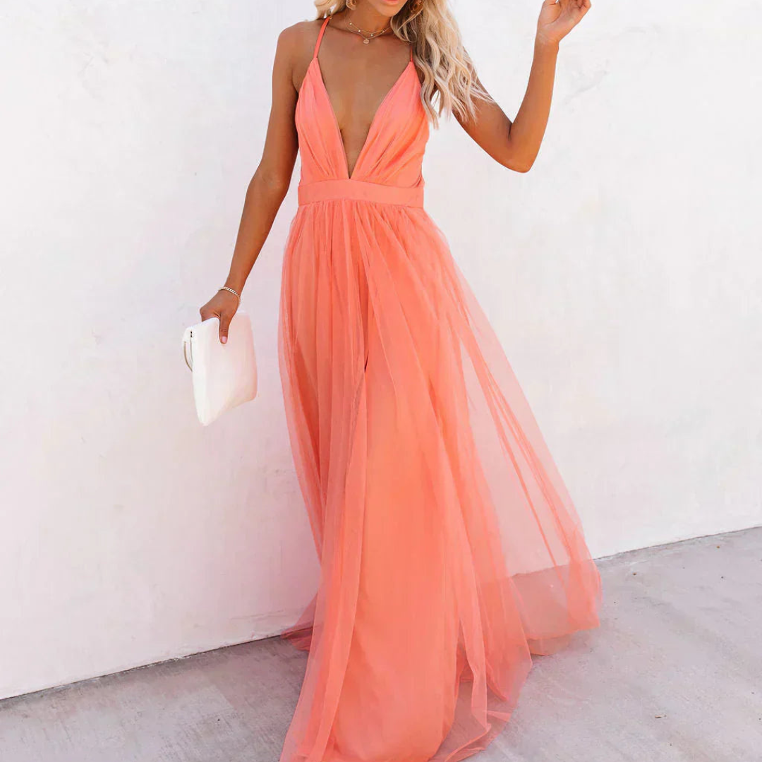 Jaxira - Robe femme longue fluide col V dos nu coupe élégante soirée