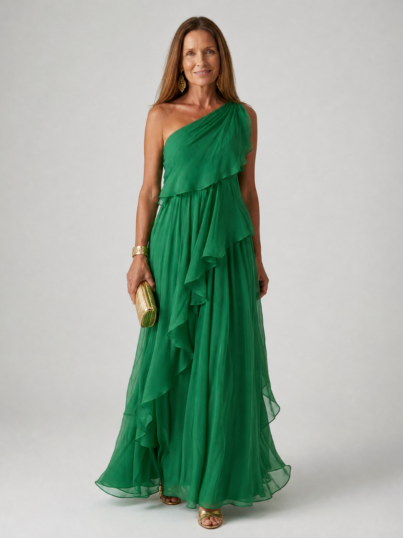 Zeline - Robe maxi verte asymétrique à volants