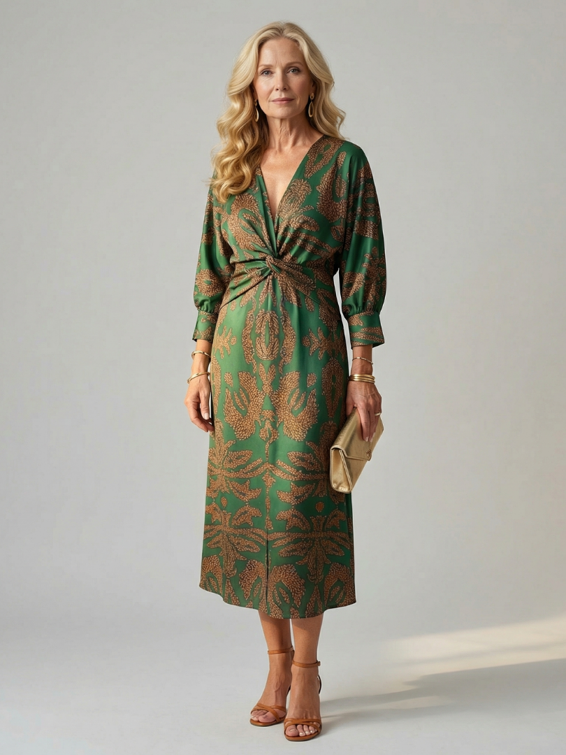 Falune - Robe femme midi croisée imprimée taille cintrée élégante