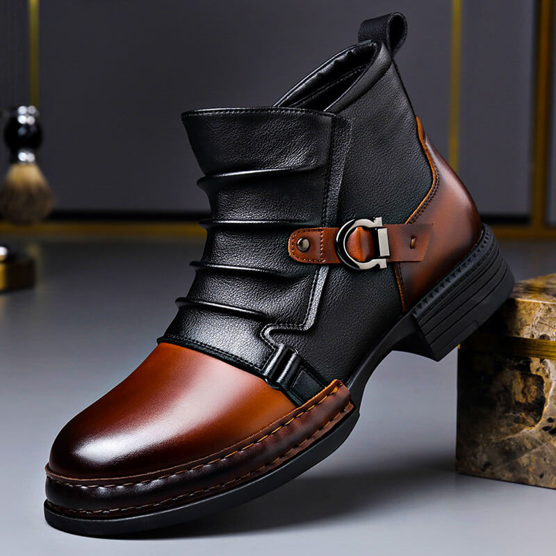 Frederic - Men's leather ankle boots with metal buckle and vintage style