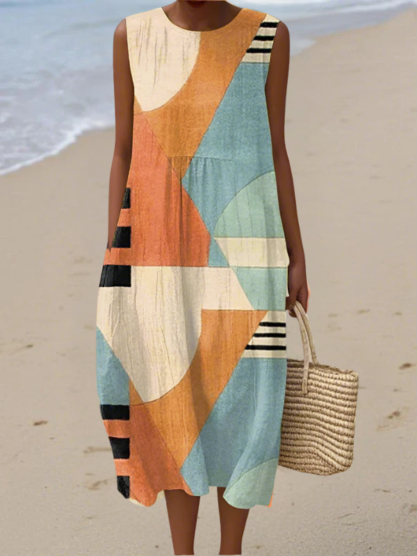 Tazira - Robe Femme Été Fluide Imprimé Artistique Sans Manches Confort Léger
