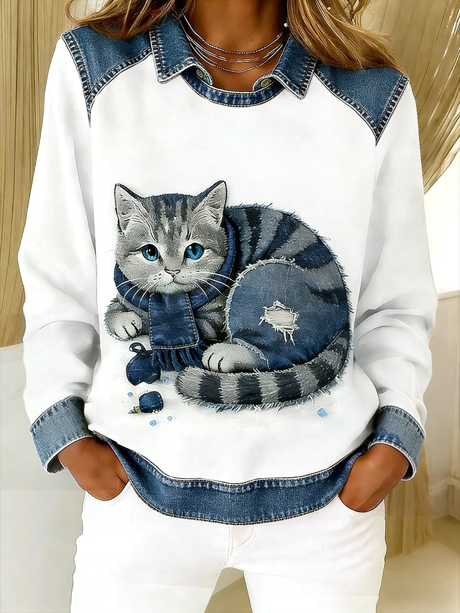 Oravellissa - Sweat-shirt en Denim Patchwork Rétro