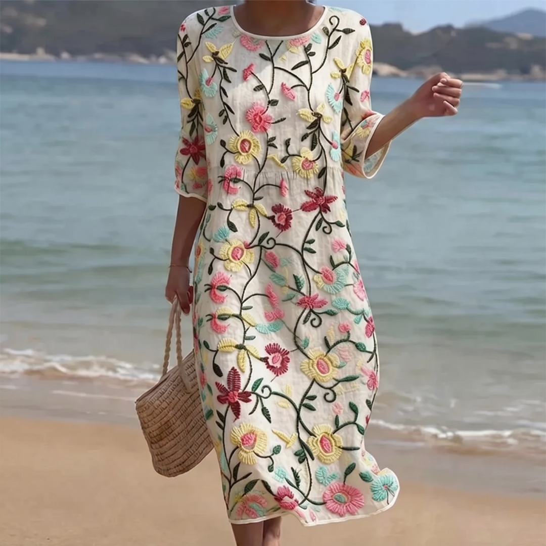 Elyrae - Robe midi femme brodée à fleurs multicolores
