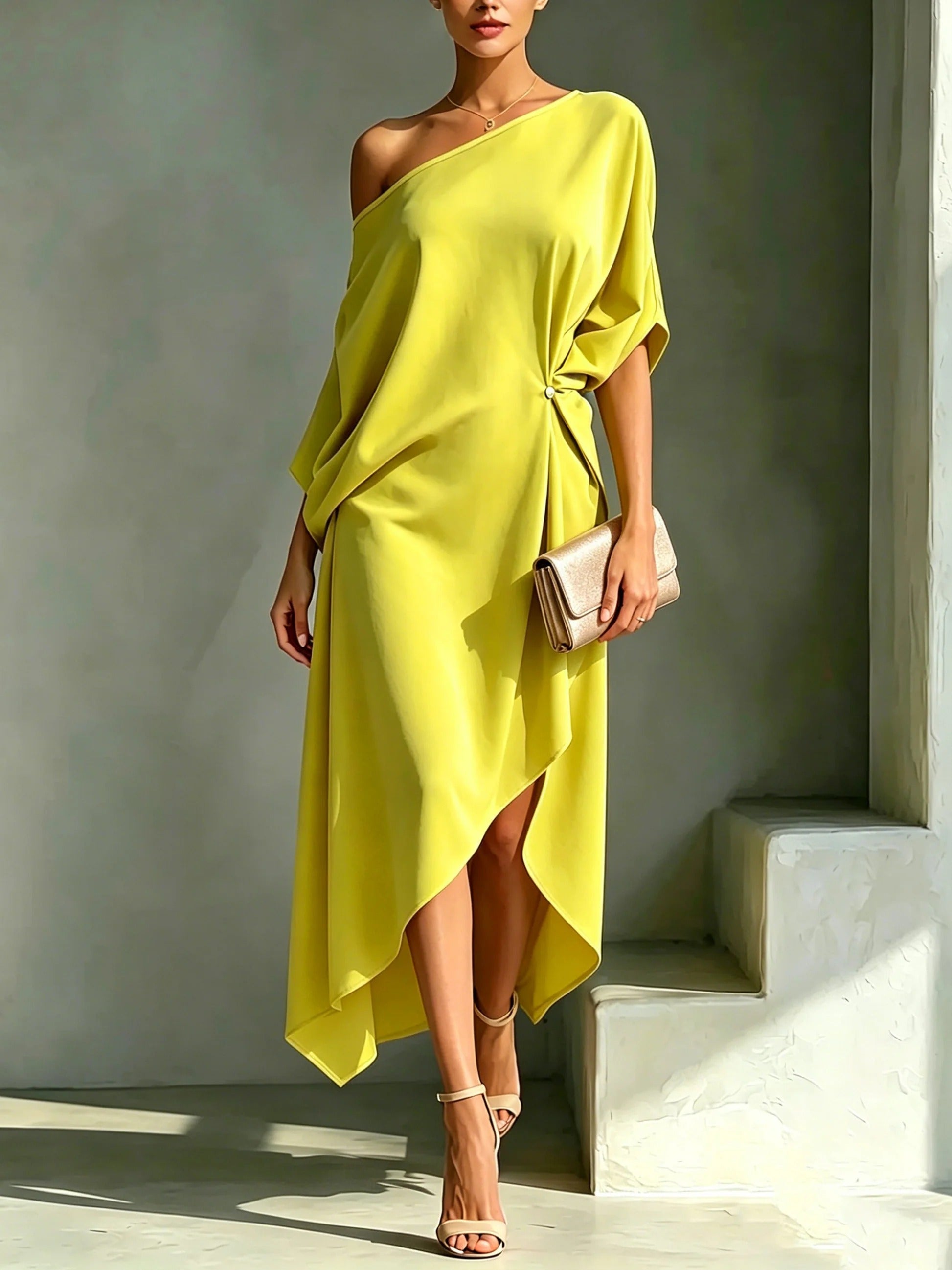 Helovyn - Robe midi femme asymétrique élégante à une épaule fluide