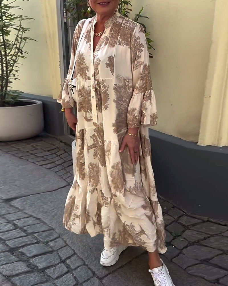 Greta - Robe Patchwork Ample avec Col en V et Manches Cloches Imprimées