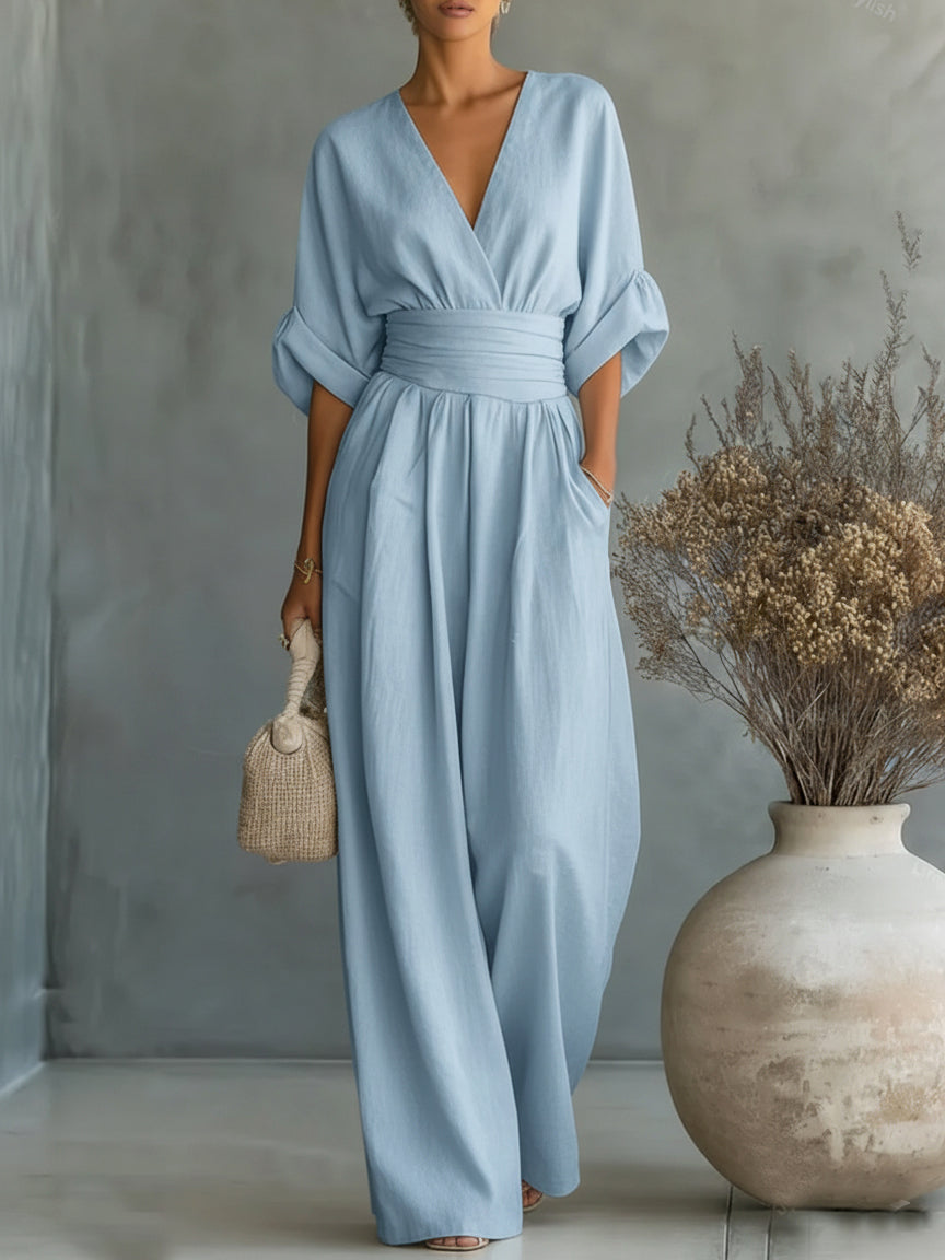 Helyrae - Combinaison Femme Col V Taille Marquée Coupe Fluide Élégante