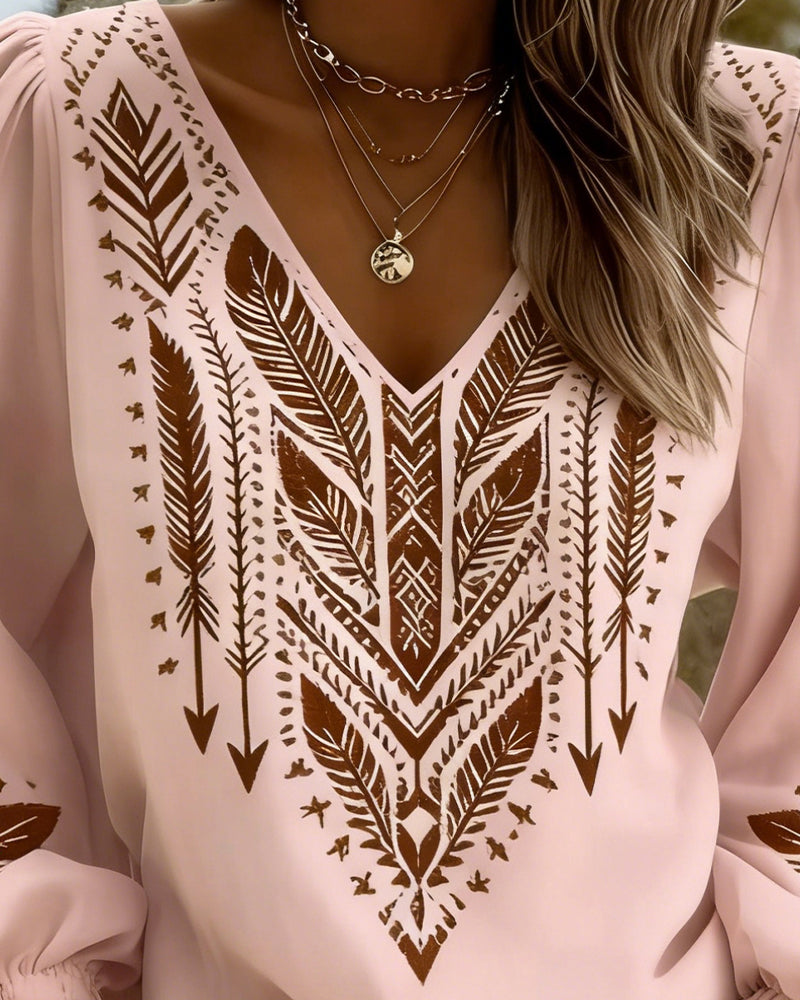 Ixavelle - Blouse femme bohème imprimée col V manches bouffantes