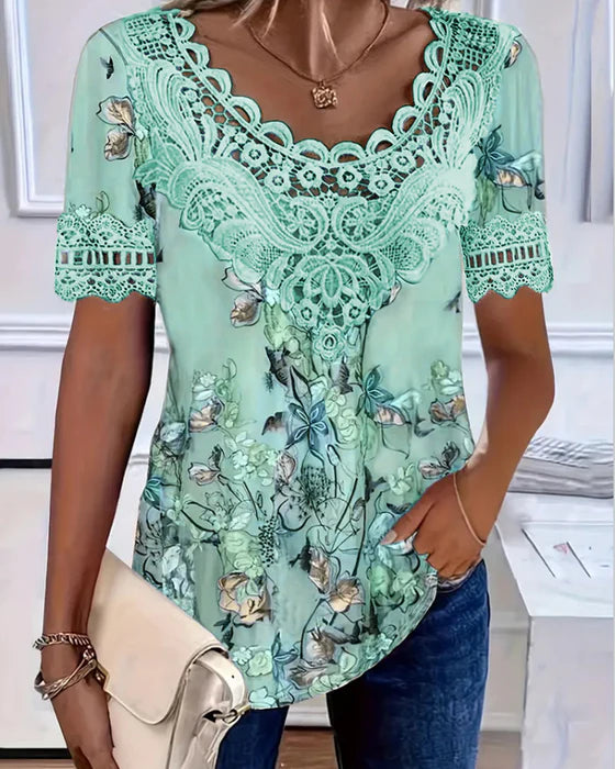 Amalina - T-shirt à Manches Courtes Imprimé Floral pour un Style Frais et Décontracté