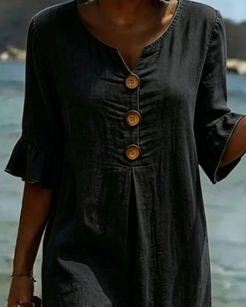 Fynorae - Robe femme jean manches volants coupe fluide été plage