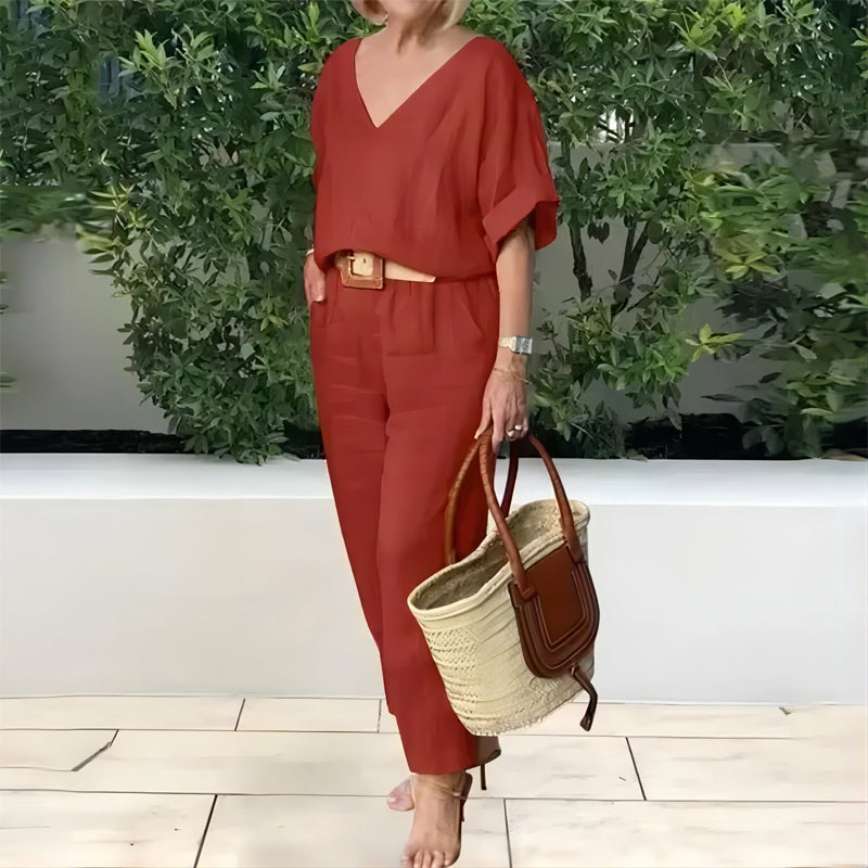 Loxaria - Ensemble femme haut col V pantalon poches style décontracté