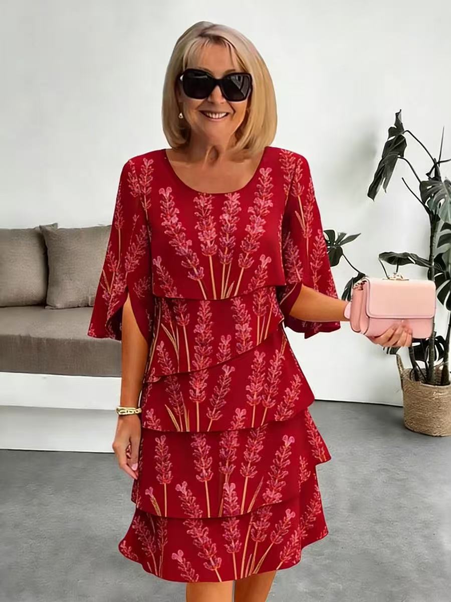 Elyvane - Robe femme mi-longue à volants imprimé floral manches fendues