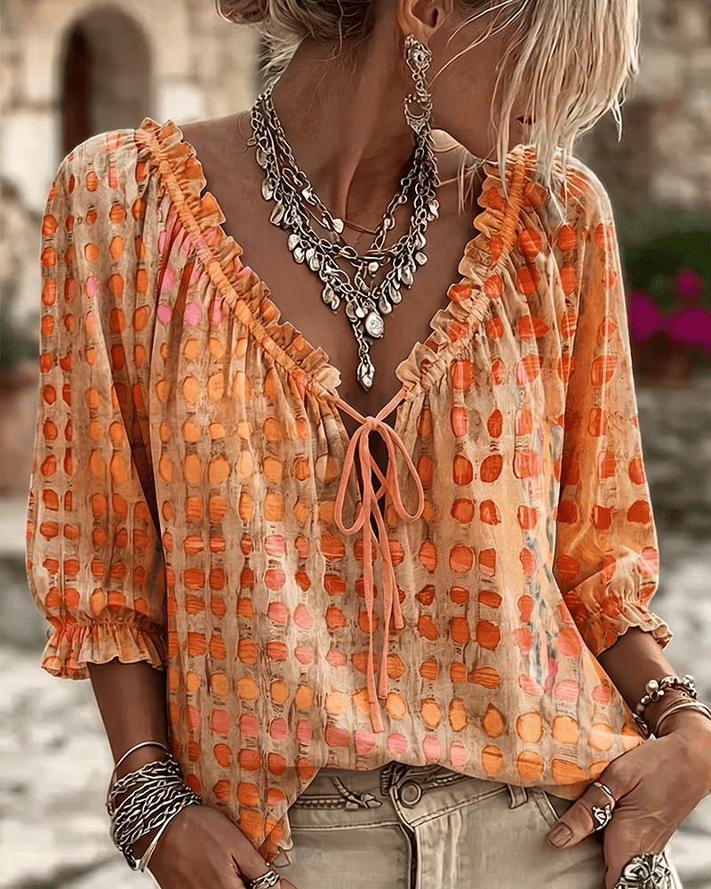 Mireva - Blouse femme à pois avec col V et lien ajustable