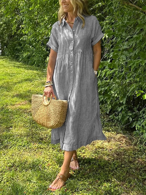 Melania - Robe chemise rayée avec revers et boutons | Avec poches fonctionnelles