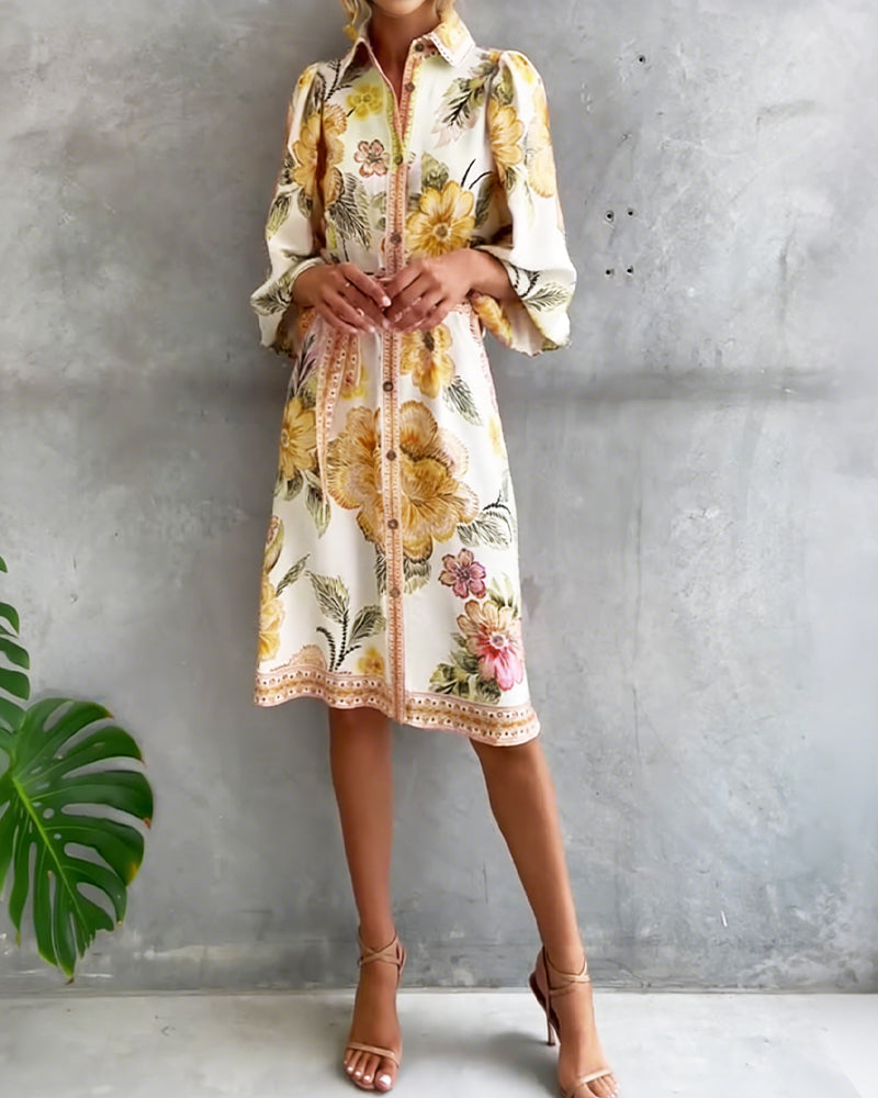 Glyssara - Robe florale élégante femme à manches lanterne et boutons