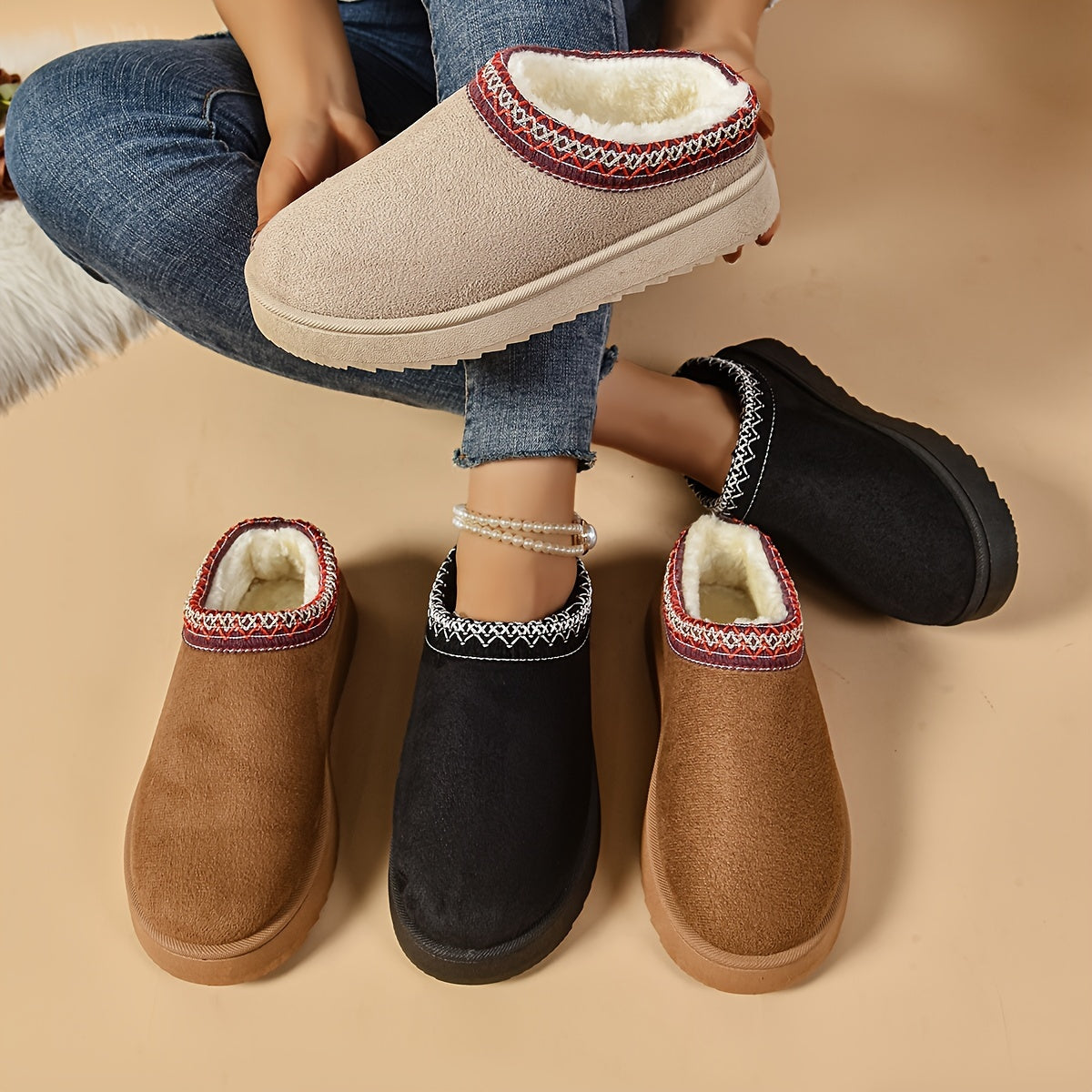 Selviane - Bottes Slip-On Ethniques à Doublure en Fausse Fourrure
