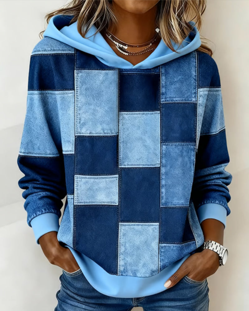 Gwenarissa - Sweat à Capuche Patchwork Denim Moderne
