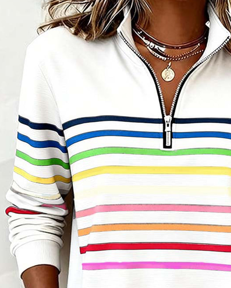 Isavelline - Sweat Zippé Décontracté à Rayures Colorées