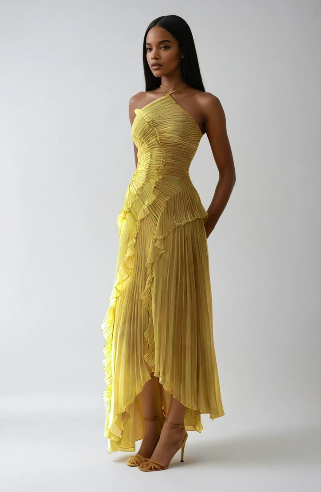 Bravielle - Robe longue femme plissée avec volants asymétriques élégants