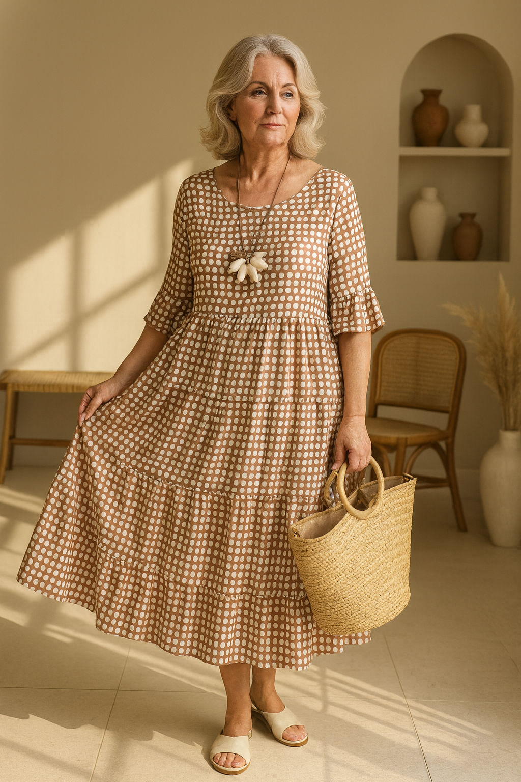 Myrelix - Robe Midi à Manches Courtes Femme  élégance naturelle