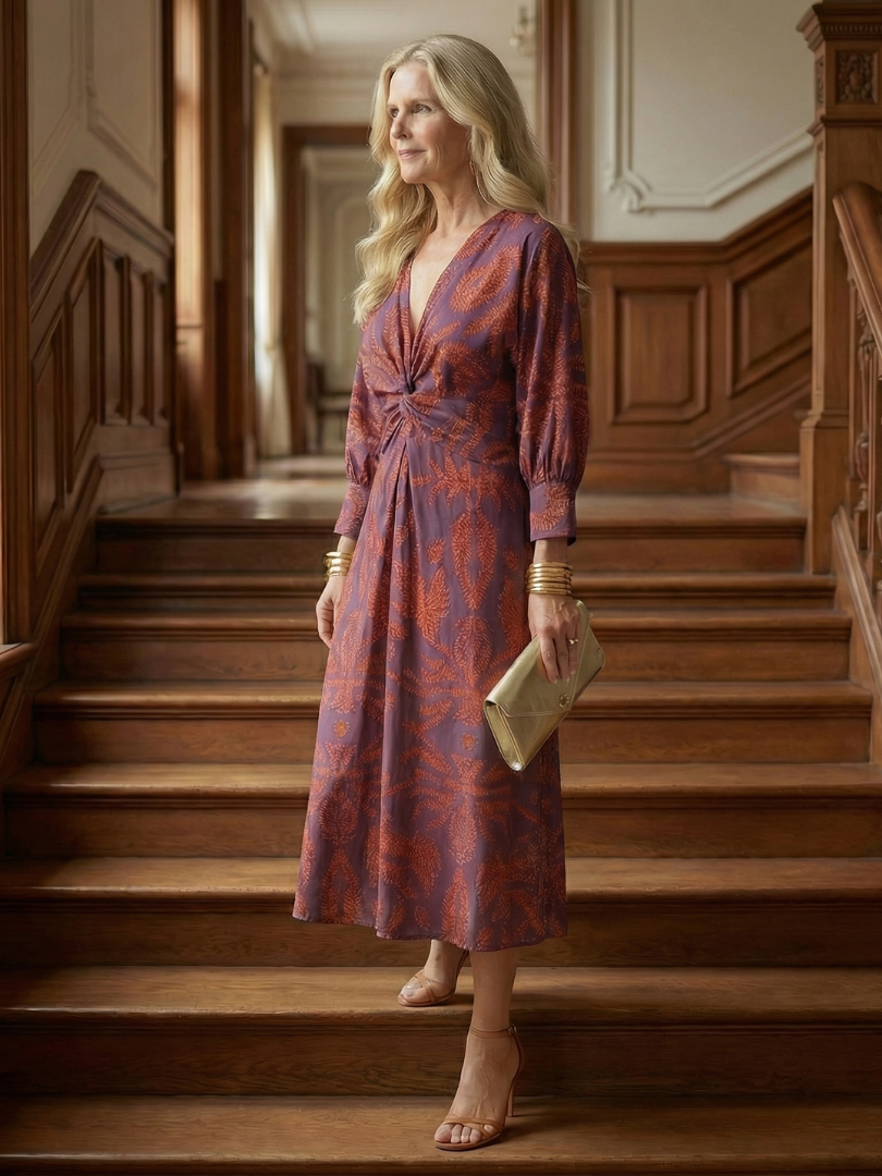 Falune - Robe femme midi croisée imprimée taille cintrée élégante
